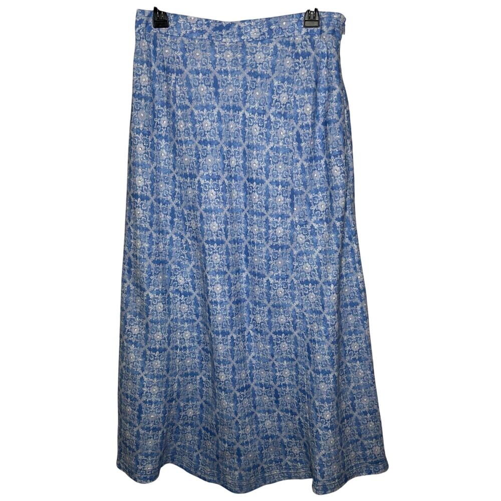 LL Bean 100% Linen Maxi Skirt 8 Blue Printed A-Line Coastal Boho Cottagecore NEW